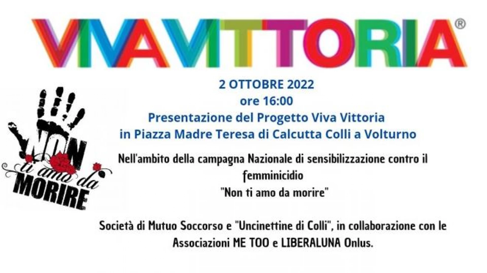 Colli a Volturno: domenica 2 ottobre la presentazione del progetto Viva Vittoria nell’ambito della campagna nazionale contro il femminicidio.